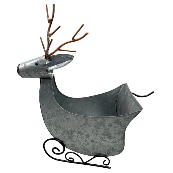 Christmas Galvanized Metal Reindeer Flowerpot Decor Copper Antlers Metal READ - Picture 1 of 6